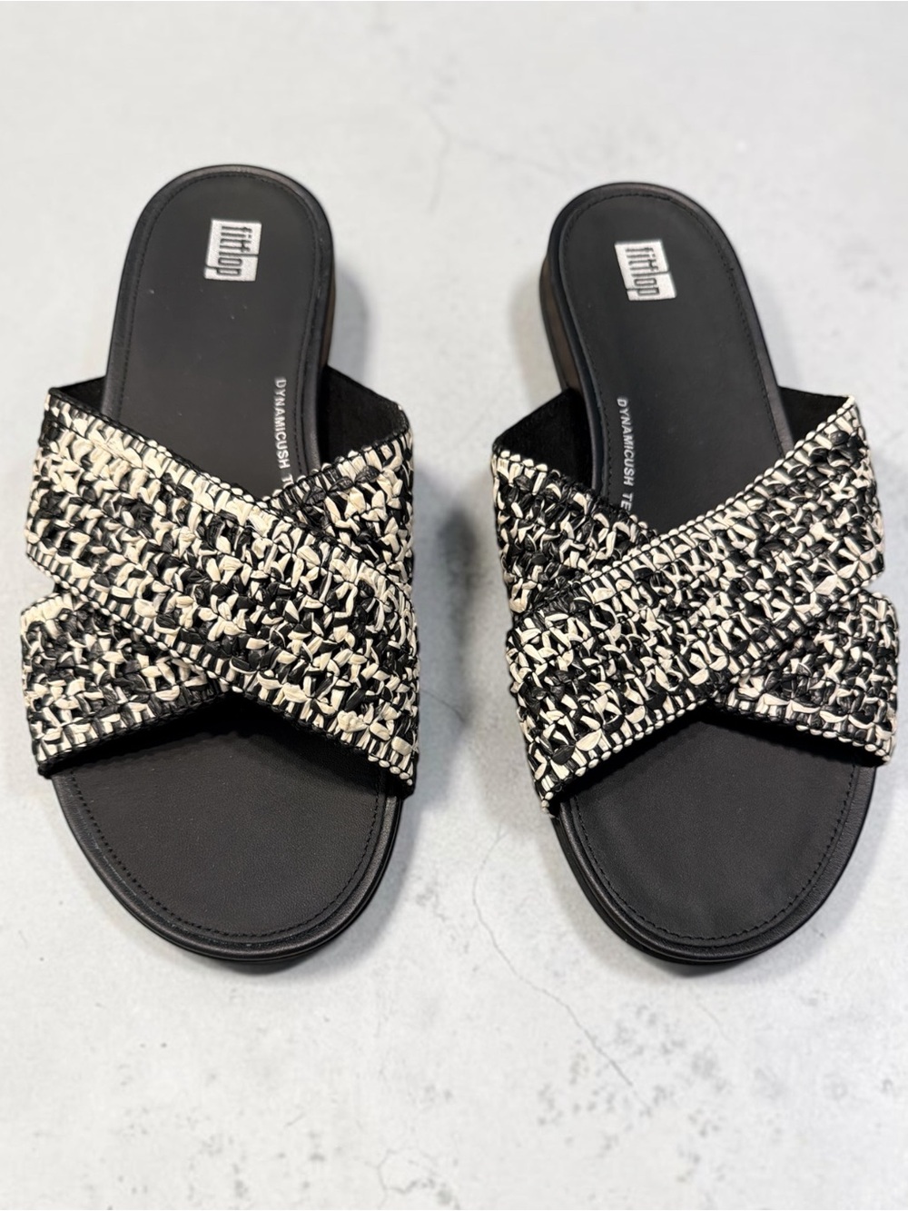 Fitflop Black & Cream Woven Crossover Slide Sandals